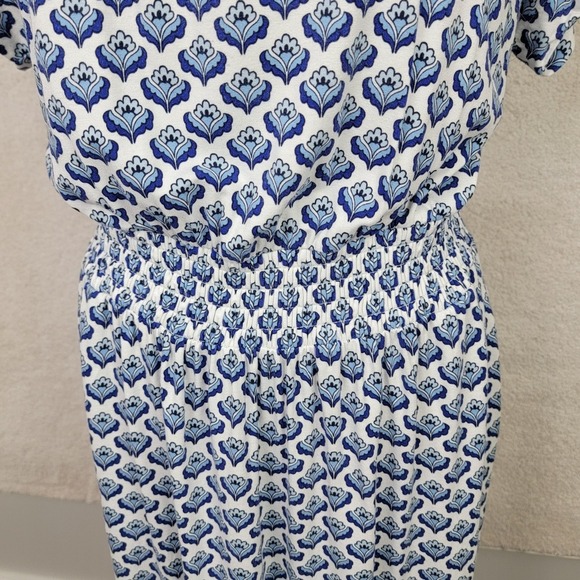 Boden Women's 8R Blue White Floral Smocked Waist Short Sleeve Coastal Midi Dre - Picture 4 of 10